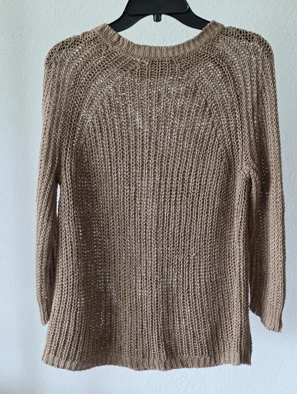 J.Crew XS Tan Open Knit Sweater Lightweight Sheer Coastal Boho Pullover Academia
